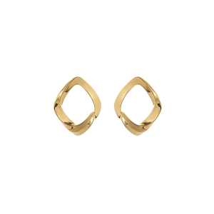 Macro detail of high-shine gold twisted geometric rhombus earrings with smooth metallic finish