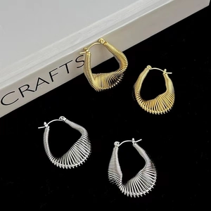 Geometric U Shape Copper Hoop Earrings With Helical Spring Texture Real Gold Plated Minimalist Punk Jewelry For Women