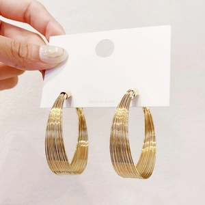 Golden multi-line hoop earrings with brushed metal finish on white jewelry display card