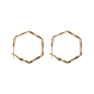 Polished gold geometric hexagonal hoop earrings with S925 silver needle for women