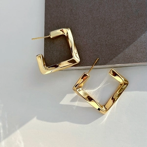 Minimalist 14K gold-plated brass geometric twisted rectangular hoop earrings for women