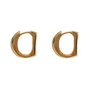 Minimalist gold-plated letter D hoop earrings with a polished metallic finish and clasp