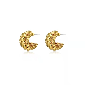 Classic gold twisted C-shaped earrings with woven texture and 925 silver needles