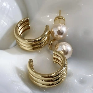 Multi-Layer C-Shaped Hoop Earrings With Artificial Pearl Copper Gold Plated Elegant Trendy Daily Wear Jewelry For Women