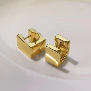 Polished gold square brass hoop earrings with minimalist geometric latch design