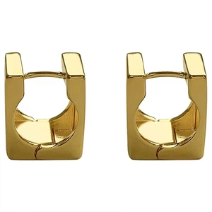 Polished golden square geometric huggie earrings in minimalist brass metal design