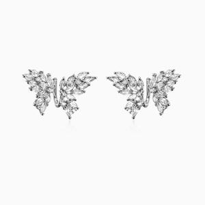 Sparkling zircon butterfly stud earrings in silver finish with elegant winged design