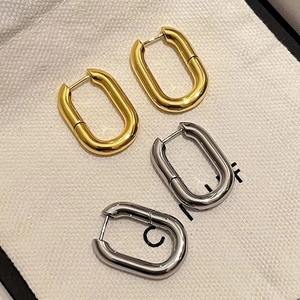 Geometric U-Shaped Brass Hoop Earrings 14K Gold Plated Minimalist High Polish Oval Earring Buckles For Women