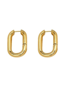 Detailed view of minimalist 14K gold-plated brass U-shaped oval hoop earrings