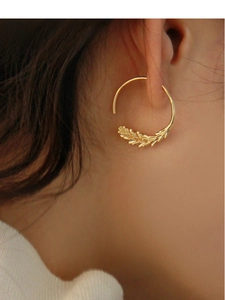 Detailed view of brass wheat ear drop earrings featuring elegant geometric gold finish
