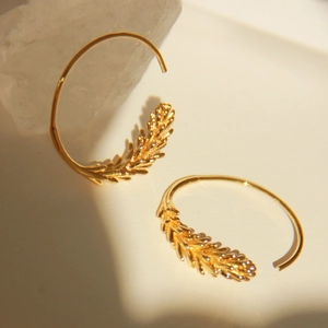 Hoop Earrings Brass 18K Gold Plated Wheat Ear Leaf Shape French Vintage Retro Jewelry For Women With Copper Earring Post