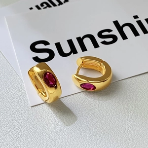 French Vintage Copper Gold Plated Hoop Earrings With Oval Zirconia Elegant Retro Huggie Earrings For Women