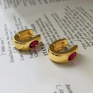 French vintage chunky gold hoop earrings with inlaid oval green cubic zirconia gemstone