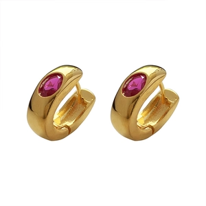 French vintage 18K gold hoop earrings with oval red zircon stones and snap closure