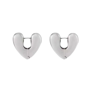 Minimalist silver heart hoop earrings with thick polished metal and secure snap closure