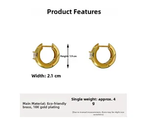 Detailed size chart of gold brass hoop earrings showing 1.9cm height and 2.1cm width
