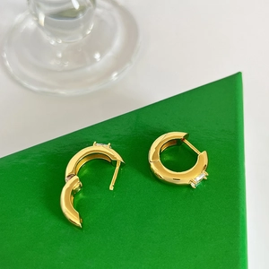 French luxury brass gold hoop earrings with sparkling rectangular zircon inlays