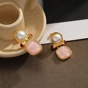 French vintage earrings with pearls, red bows and pink square resin charms on gold metal