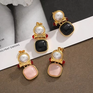 French Vintage Bow Drop Earrings With 925 Sterling Silver Earring Post Brass 18K Gold Plated Artificial Pearl Square For Women
