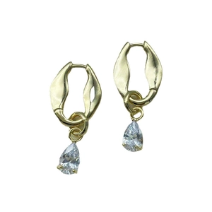 Golden irregular wave hoop earrings with dangling teardrop zircon pendants in a luxury style