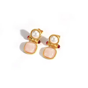 French vintage pearl bow drop earrings with pink resin and gold plated metal