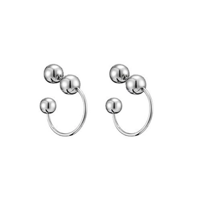 Minimalist silver spherical C-shape earrings featuring a polished triple ball design