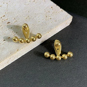 18K gold-plated brass fan-shaped beaded stud earrings with polished finish on stone