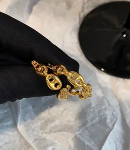Close-up of golden pig nose chain link earrings with high polish metallic finish