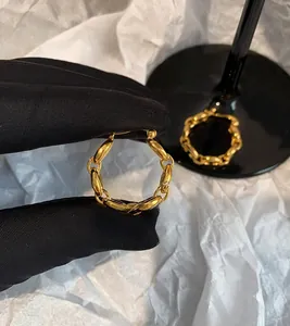 Detailed close-up of golden link chain earrings with a polished metallic finish and oval rings
