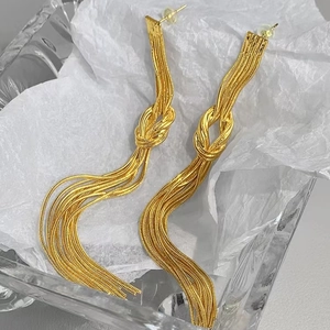 Elegant gold knot tassel earrings with long metallic fringe drops for women