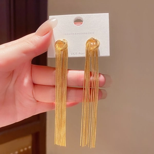 Close-up of golden long tassel drop earrings with S925 silver posts on a display card