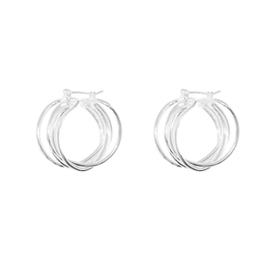 Elegant multi-layered silver hoop earrings featuring three interlocking textured metal rings