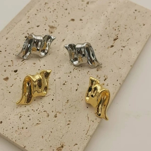 Polished 18K gold and silver plated wave stud earrings with irregular folded design