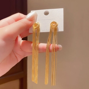 Elegant gold tassel chain earrings with S925 silver needles and woven knot design