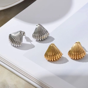 Shell Stud Earrings Minimalist Fan Shape Ridged Copper With 925 Sterling Silver Earring Post For Women Daily Jewelry