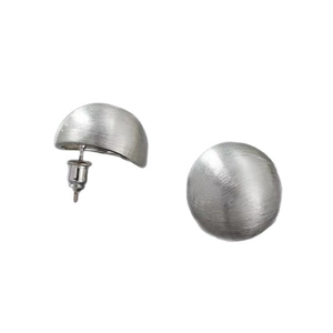 Minimalist matte silver brushed hemisphere stud earrings with premium metallic finish