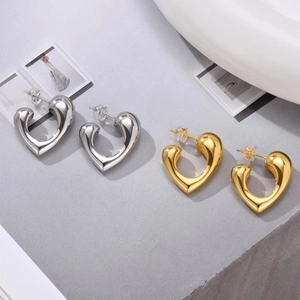 Heart Stud Earrings 18K Gold Plated Brass High Polish 3D Chunky Geometric For Women With 925 Sterling Silver Earring Post