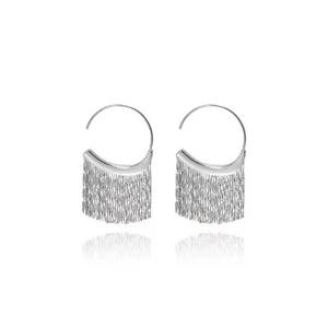Elegant silver tassel drop earrings with sleek metal chain fringe on white background