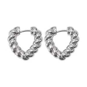 French vintage heart hoop earrings in silver finish with twisted rope texture