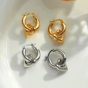 Heart Pendant Hoop Earrings 18K Gold Plated Brass With Copper Earring Post High Polish Elegant Jewelry For Women