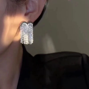 Elegant silver long tassel earrings with sparkling cubic zirconia on female model