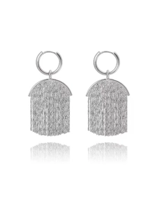 Detailed view of silver metal tassel earrings with polished circular studs and sleek fringe