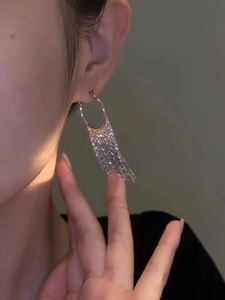 Detailed view of elegant silver tassel earrings with shimmering crystals on a model