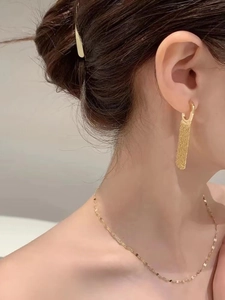 Detailed close-up of gold tassel drop earrings on model with elegant metallic texture