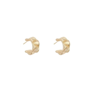 French retro gold C-shaped geometric hoop earrings with textured faceted metal surface