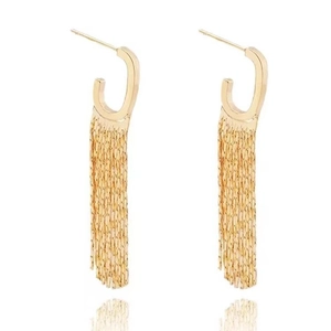 Elegant gold tassel drop earrings with cascading snake chains and polished U-shaped studs
