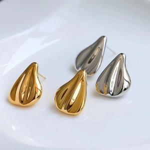 Ribbed Teardrop Stud Earrings Brass 18K Gold Plated With 925 Sterling Silver Earring Post Minimalist Metal Jewelry For Women