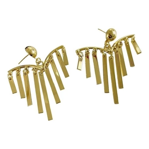 Modern gold tassel fringe earrings with geometric drop design and high polish finish
