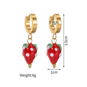 Polished gold stainless steel hoop earrings with cute red spotted strawberry charms