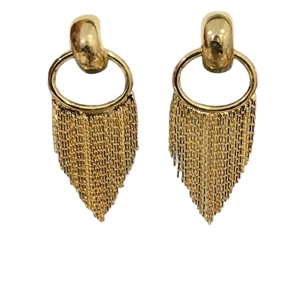 Elegant gold tassel drop earrings with semicircular studs and fine dangling chains